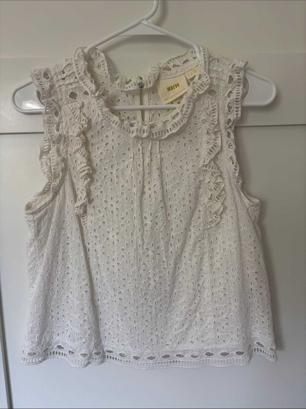 Maeve White Eyelet Ruffle Neck Sleeveless Top size 2